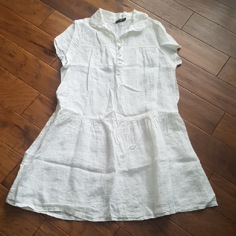 Lungo L’Arno Women's White Linen Lagenlook Midi Short Sleeve Dress Size M